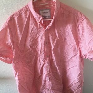 Red seersucker button down shirt sleeve shirt